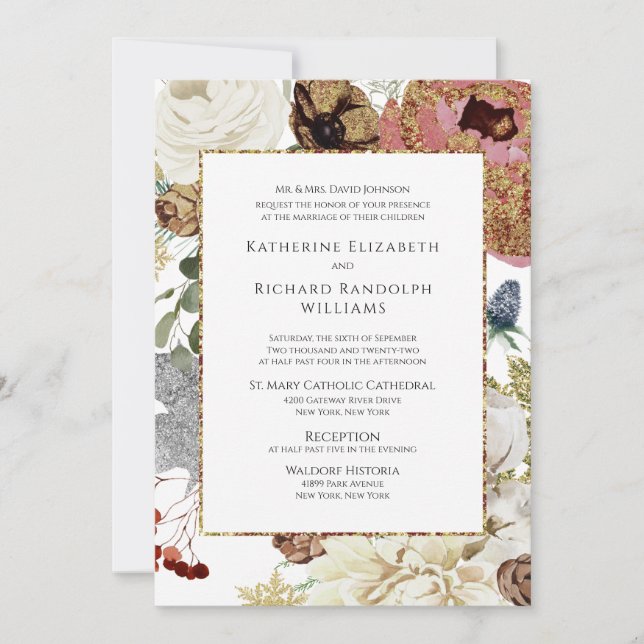 Invitation Élégant Mariage Floral & Or (Devant)