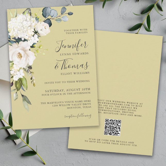 Invitation Élégant Mariage floral or blanc avec code QR (Créateur téléchargé)