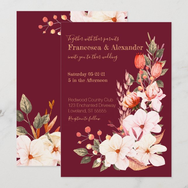 Invitation Élégant Mariage floral orange bordeaux (Devant / Derrière)