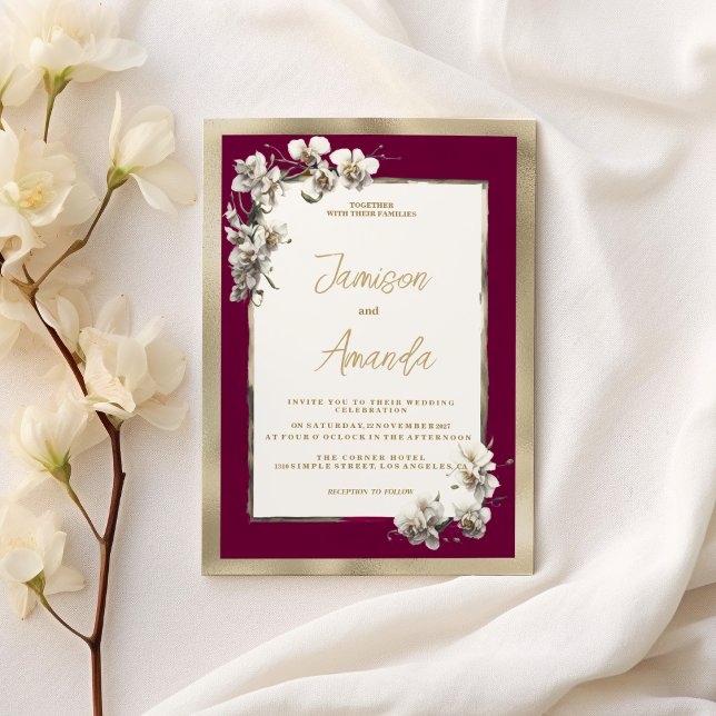 Invitation Elégant Mariage floral orné d'orchidées blanches b (Elegant burgundy gold white orchid floral Wedding )