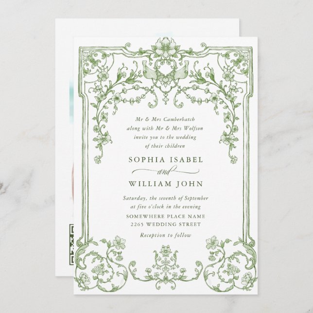Invitation Élégant Mariage Floral Orné Victorien Vert Sage (Devant / Derrière)