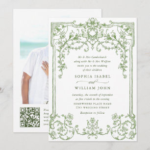 Invitation Élégant Mariage Floral Orné Victorien Vert Sage