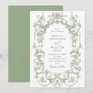 Invitation Élégant Mariage Floral Orné Victorien Vert Sage