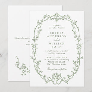 Invitation Élégant Mariage Floral Orné Victorien Vert Sage