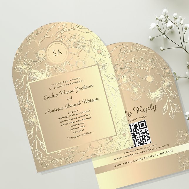 Invitation Élégant Mariage Floral Papier D'or (Créateur téléchargé)