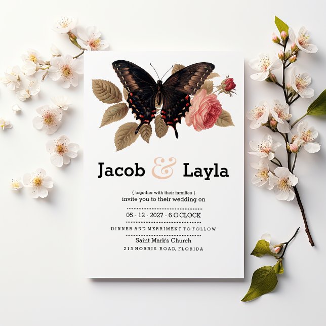 Invitation Élégant mariage floral papillon rose brun (Elegant brown pink butterfly floral wedding)