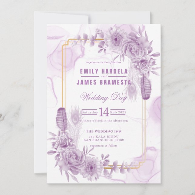 Invitation Élégant Mariage Floral Purple Aquarelle Budget  (Devant)