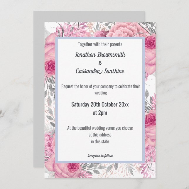 INVITATION ÉLÉGANT MARIAGE FLORAL ROSE BLEU BLANC (Devant / Derrière)