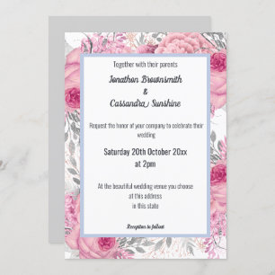 INVITATION ÉLÉGANT MARIAGE FLORAL ROSE BLEU BLANC