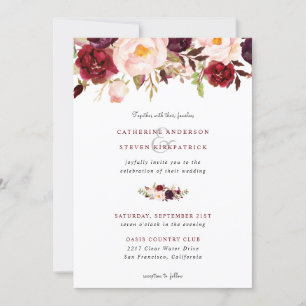 Invitation Élégant Mariage floral rose-bleu bordeaux