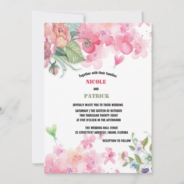 Invitation Elégant Mariage floral rose clair (Devant)