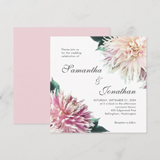 Invitation Élégant Mariage floral rose Dahlia (Devant / Derrière)