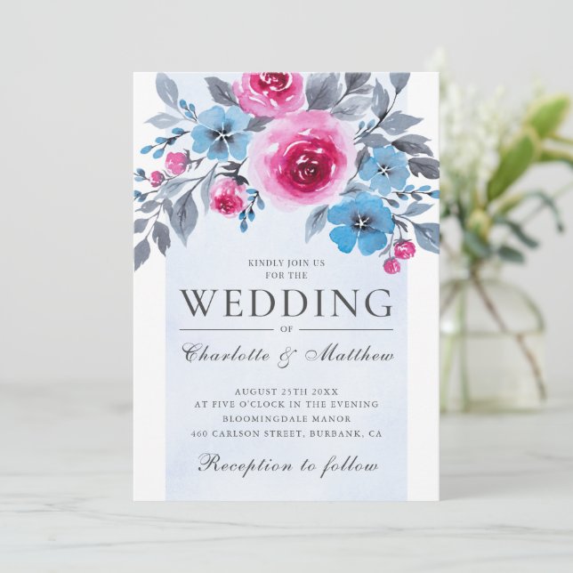 Invitation Elégant Mariage Floral Rose Et Bleu (Debout devant)