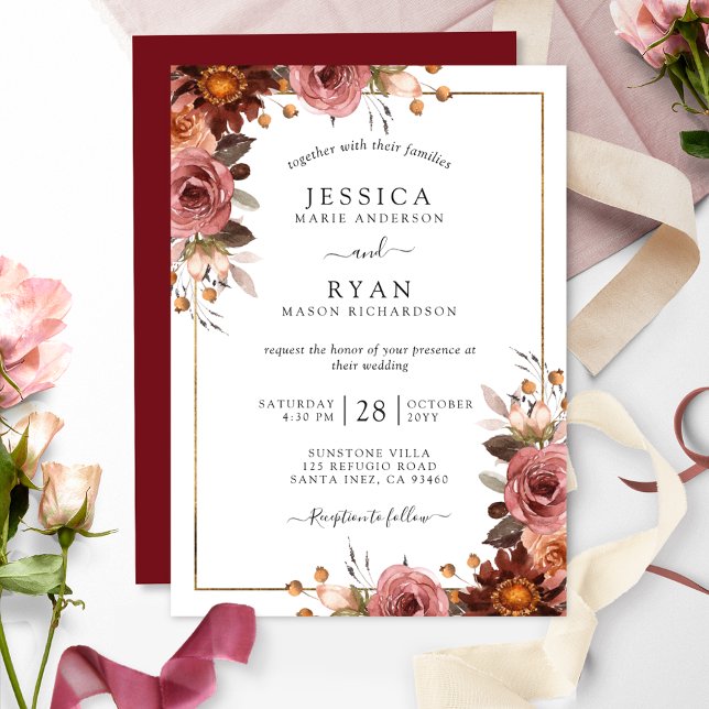 Invitation Élégant Mariage floral rose et bordeaux (Créateur téléchargé)
