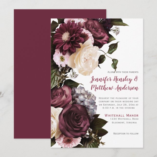 Invitation Élégant Mariage floral rose et bordeaux | (Devant / Derrière)