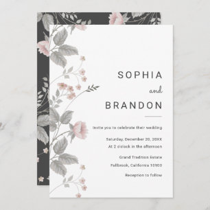 Invitation Élégant Mariage floral rose et gris foncé