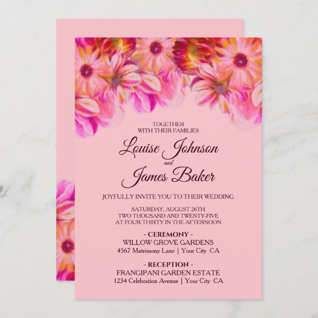 Invitation Élégant Mariage floral rose et jaune (Devant / Derrière)
