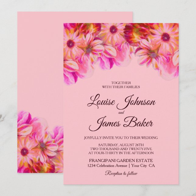 Invitation Élégant Mariage floral rose et jaune (Devant / Derrière)