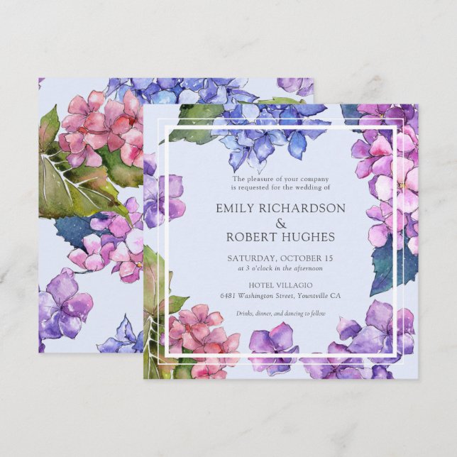 Invitation Élégant Mariage floral rose Hydrangea (Devant / Derrière)