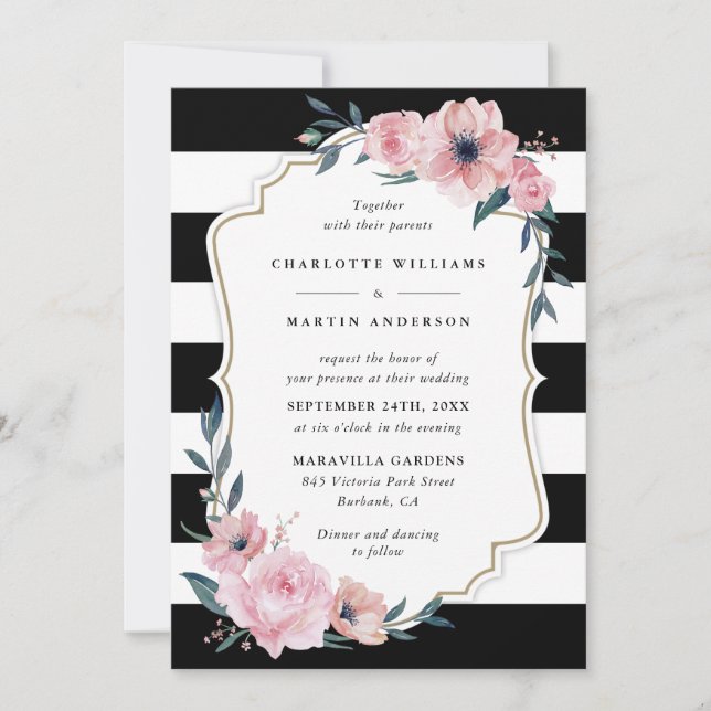 Invitation Élégant Mariage floral rose noir (Devant)
