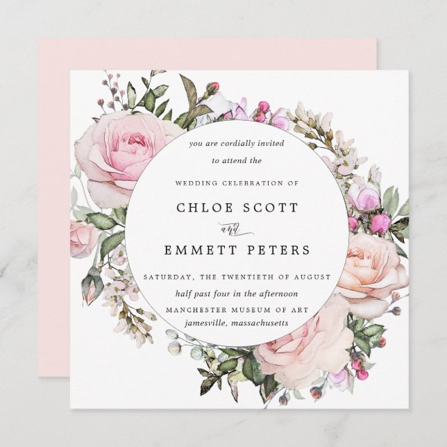 Invitation Élégant Mariage floral rose pâle (Devant / Derrière)