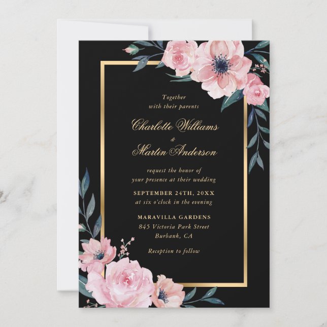 Invitation Élégant Mariage floral rose rose noir or (Devant)