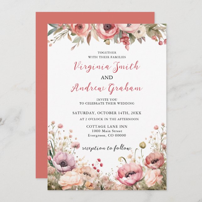 Invitation Élégant Mariage Floral Rose Rose Rose Dusty modern (Devant / Derrière)