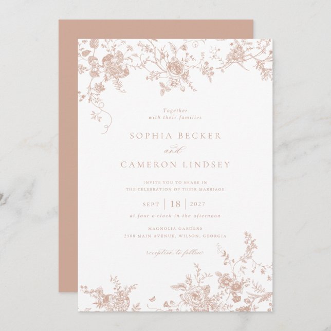 Invitation Elégant mariage floral rose rose Vintage (Devant / Derrière)