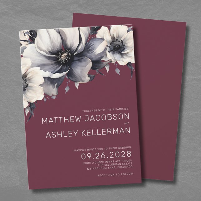 Invitation Élégant mariage floral rouge Bourgogne (Modern Elegant Burgundy Red Floral Wedding Invitation)
