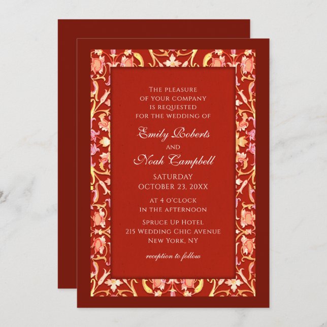 Invitation Élégant Mariage floral rouge Bourgogne élégant (Devant / Derrière)