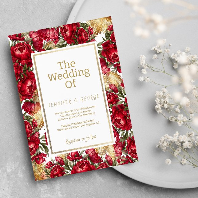 Invitation Élégant mariage floral rouge or vert (Elegant red gold green peonies floral wedding)