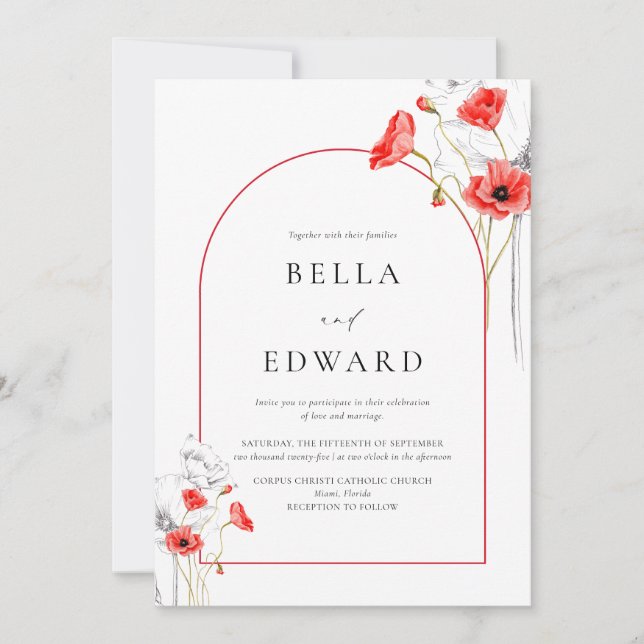 Invitation Elégant Mariage floral rouge pavot (Devant)