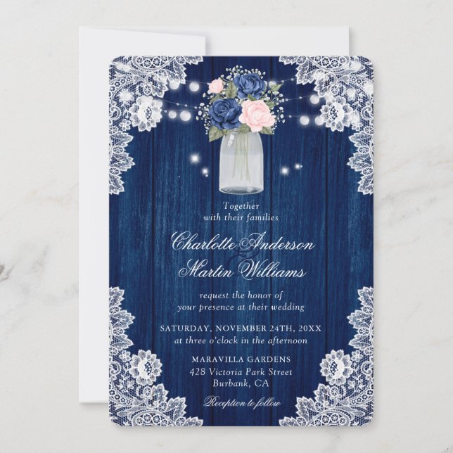 Invitation Elégant Mariage floral rustique bleu marine (Devant)