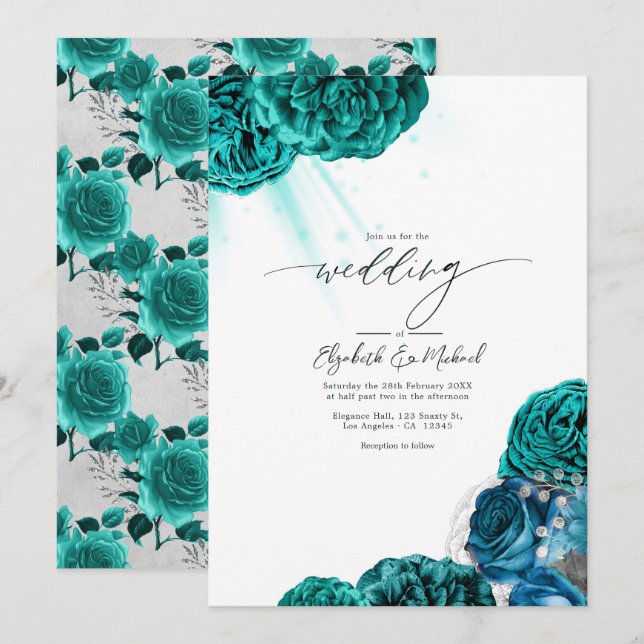 Invitation Élégant mariage floral sarcelle et argent (Devant / Derrière)