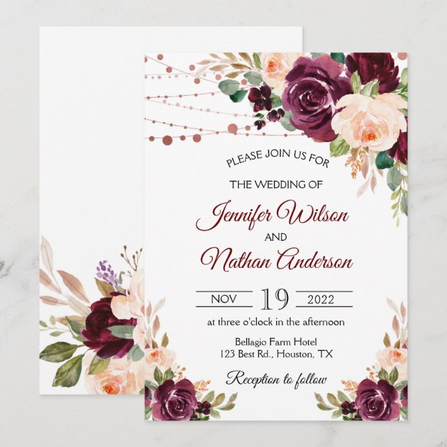 Invitation Élégant mariage floral script bordeaux (Devant / Derrière)