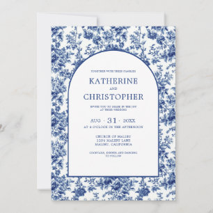 Invitation Élégant Mariage Floral Toile Bleu Pays Français