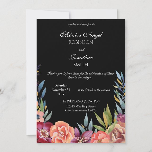 Invitation Élégant Mariage floral tropical noir (Devant)