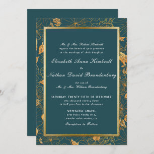 Invitation Élégant Mariage Floral Turquoise Bleu Et Or