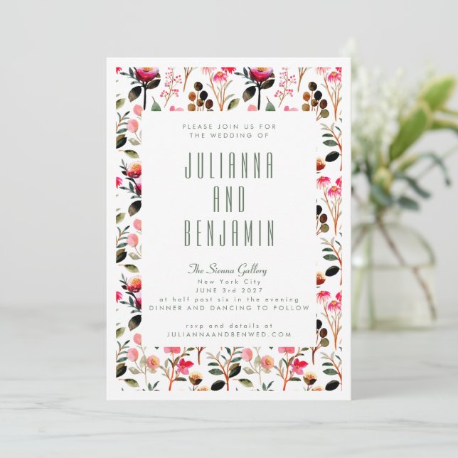 Invitation Élégant mariage floral verdure aquarelle rose (Debout devant)