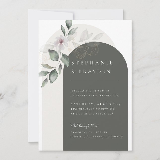 Invitation Élégant mariage floral vert à l'arc avec écriture (Devant)