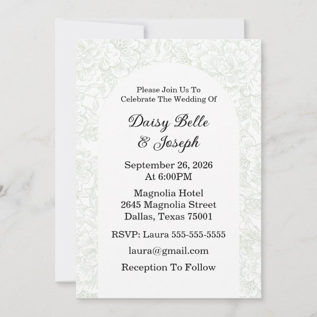 Invitation Élégant mariage floral vert de chinoiserie (Devant)