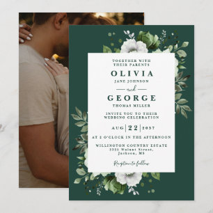 Invitation Élégant mariage floral vert émeraude pour photo de