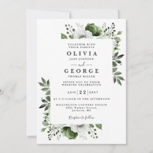 Invitation Élégant mariage floral vert olive Code QR