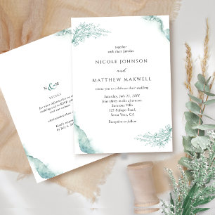 Invitation Élégant Mariage Floral, Vert, Sage Aquarelle