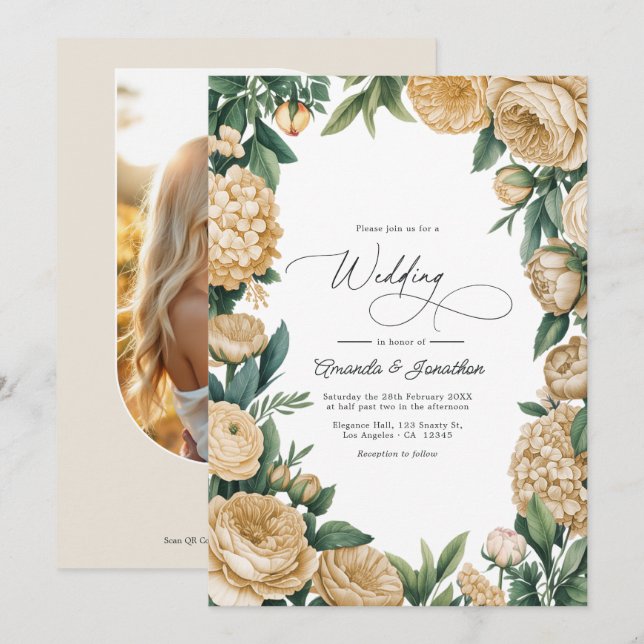Invitation Élégant Mariage Floral Vert Sauge et Grès (Devant / Derrière)
