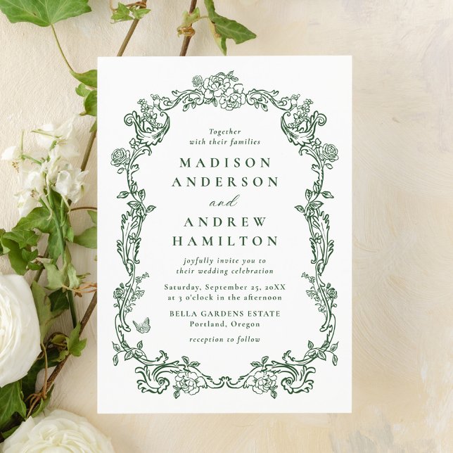 Invitation Élégant Mariage Floral Vert Victorian (Créateur téléchargé)