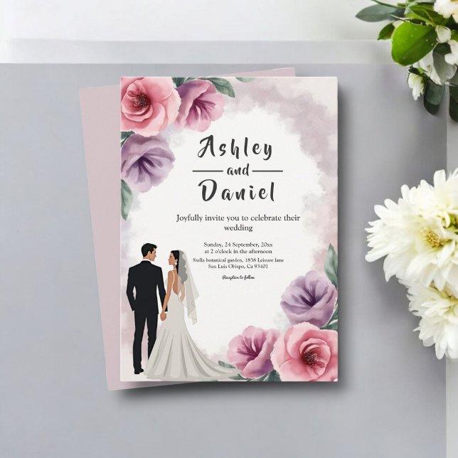 Invitation Elégant Mariage floral violet Dusty (Créateur téléchargé)