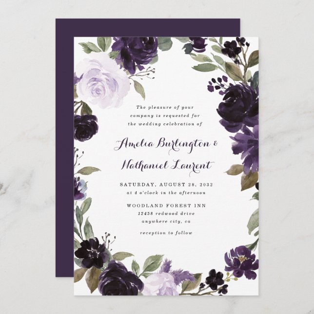 Invitation Élégant Mariage floral violet et feuille verte or (Devant / Derrière)