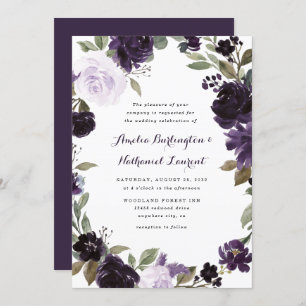 Invitation Élégant Mariage floral violet et feuille verte or
