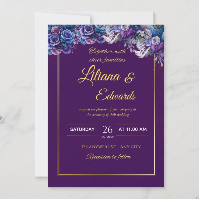 Invitation Élégant Mariage floral violet et or (Devant)